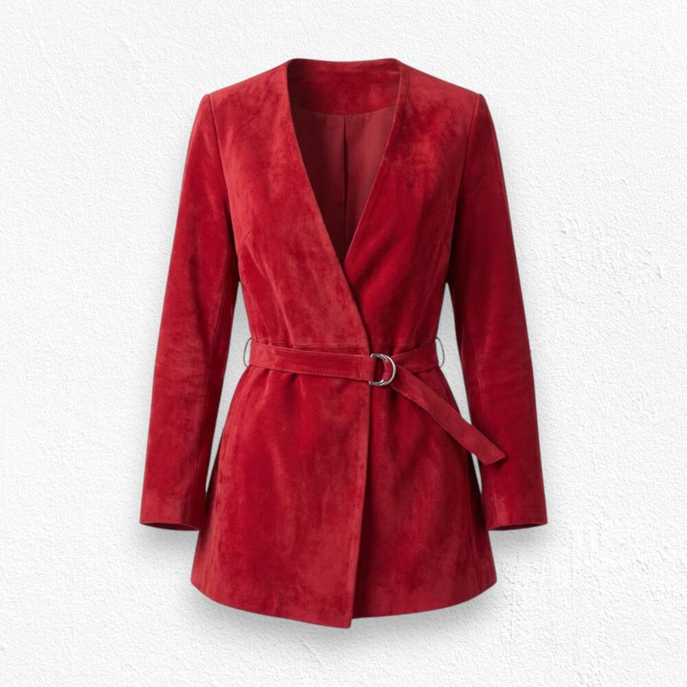 Zara Red Faux Suede Deep V Neck Long Sleeve Wrap Style Romper Size Small